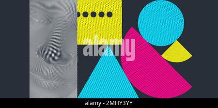 Vector template with primitive shapes elements and man`s face. Modern art graphics. Illustration for brochure, poster, banner or flyer. Stock Vector